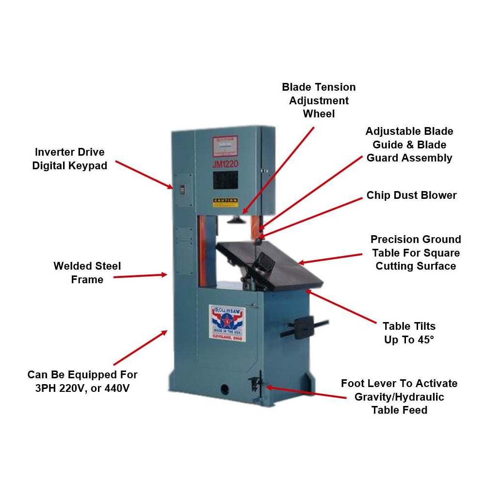 Roll-In Saw JM1220 220V/440V 3PH 12-Inch by 20-Inch American Tilt Table Journeyman Vertical Band Saw